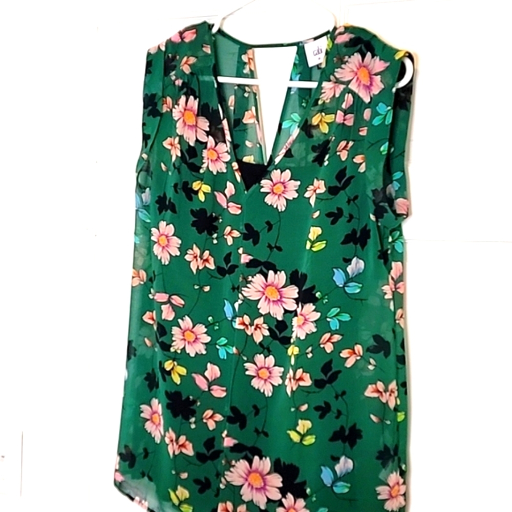 Cabi Floral V Neck Green Pink Flowers Camisole, Black Cami Tank Lining, Size M